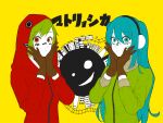  2girls absurdres alternate_eye_color blue_eyes blue_hair brown_gloves facial_mark gloves green_hair green_jacket gumi hanabukuro hands_on_own_cheeks hands_on_own_face hatsune_miku headphones highres hood hood_up hoodie jacket long_hair looking_at_viewer matryoshka_(vocaloid) multicolored_eyes multiple_girls pout red_eyes red_jacket short_hair smile song_name track_jacket translation_request twintails vocaloid yellow_background 