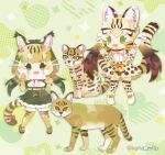  2girls animal animal_ears belt bow bowtie cat cat_ears cat_girl cat_tail elbow_gloves extra_ears geoffroy&#039;s_cat_(kemono_friends) gloves green_eyes grey_hair jungle_cat_(kemono_friends) kemono_friends kikuchi_milo kneehighs long_hair looking_at_viewer multiple_girls shirt shoes simple_background skirt socks suspenders tail twintails 