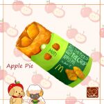  0_0 :3 animal apple_pie apple_print artist_logo artist_name black_eyes border chibi chibi_inset closed_mouth clothed_animal commentary_request copyright_name dessert dog_(yuki00yo) eating english_text food food-themed_hat food_focus food_name happy holding holding_food logo looking_at_another mcdonald&#039;s no_humans orange_border original paper pie pink_background red_headwear sheep_(yuki00yo) signature smile solid_oval_eyes tongue tongue_out white_eyes yuki00yo 