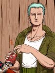  1boy 2021 alcohol alternate_costume beer beer_can can closed_mouth earrings green_hair highres holding holding_can jewelry katana maggx male_focus one_eye_closed one_piece roronoa_zoro scar scar_across_eye scar_on_chest scar_on_face short_hair signature single_earring solo sword weapon 