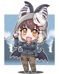  1girl animal_ears bat_ears bat_girl bat_wings boots brown_eyes brown_hair brown_long-eared_bat_(kemono_friends) dead_by_daylight extra_ears forest grey_hair highres hood hoodie kemono_friends kemono_friends_v_project knife long_hair looking_at_viewer mabuta_(mbt) mask nature open_mouth pants parody solo virtual_youtuber wings 