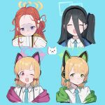  4girls absurdres animal_ear_headphones animal_ears aqua_background aris_(blue_archive) black_hair blonde_hair blue_archive blush bow cat_ear_headphones closed_eyes coat collared_shirt cropped_shoulders fake_animal_ears game_development_department_(blue_archive) hair_bow hair_over_one_eye halo haramaki_(haranomaki) headphones highres long_hair midori_(blue_archive) momoi_(blue_archive) multiple_girls necktie one_eye_closed one_side_up open_mouth redhead shirt short_hair simple_background white_shirt yuzu_(blue_archive) 