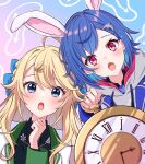  2girls :o ahoge animal_ears black_shirt blonde_hair blue_eyes blue_hair blush clock collared_shirt dolphin_hair_ornament fang grey_hoodie highres holding hood hoodie long_hair looking_at_viewer mugimugigo multiple_girls nijisanji nishizono_chigusa nishizono_chigusa_(1st_costume) pink_eyes rabbit_ears school_uniform selene_girls_school_uniform shirt short_hair skin_fang todo_kohaku todo_kohaku_(1st_costume) virtual_youtuber 