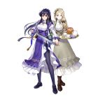  2girls absurdres apron asatani_tomoyo ayra_(fire_emblem) ayra_(tea_party)_(fire_emblem) belt belt_pouch black_hair blonde_hair bottle breasts bucket cake closed_mouth commentary_request cup dress earrings fingernails fire_emblem fire_emblem:_genealogy_of_the_holy_war fire_emblem:_three_houses fire_emblem_heroes flower food frills full_body glass_bottle highres holding holding_tray holding_weapon jewelry long_skirt long_sleeves looking_at_viewer maid maid_headdress medium_breasts mercedes_von_martritz mercedes_von_martritz_(tea_party) multiple_girls official_art pantyhose pouch puffy_sleeves serious shoes side_slit skirt smile standing teacup teapot tray violet_eyes weapon white_background wrist_cuffs 