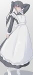 1girl apron black_dress black_hair blue_hair blunt_bangs blush breasts dress frilled_apron frills highres long_hair long_sleeves looking_at_viewer maid maid_apron mustee open_mouth original side_ponytail simple_background small_breasts solo waist_apron white_apron 