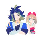  1boy 1girl adaman_(pokemon) arm_wrap blonde_hair blue_coat blue_eyes blue_hair brown_eyes closed_mouth coat crossed_arms earrings eyebrow_cut green_hair hairband irida_(pokemon) jewelry looking_at_another medium_hair multicolored_hair neck_ring pokemon pokemon_(game) pokemon_legends:_arceus ponytail red_hairband red_shirt shirt short_hair simple_background smile strapless strapless_shirt superaenbow white_background 