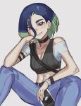  1girl ak4ired blue_hair bob_cut breasts brown_eyes camera denim green_hair highres holding jeans looking_at_viewer medium_breasts midriff multicolored_hair navel open_mouth pants perrin_(pokemon) pokemon pokemon_(game) pokemon_sv shirt short_hair short_sleeves smile solo stomach white_shirt 