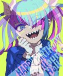 1girl :d blue_eyes blue_hair blue_jacket character_name commentary_request gloves guillaume_hall hair_over_one_eye hair_ribbon hand_up happy_birthday highres hong_(beniimo_hnkn) jacket long_hair long_sleeves looking_at_viewer master_detective_archives:_rain_code multicolored_hair open_mouth pink_eyeliner pink_hair purple_hair ribbon sharp_teeth shirt simple_background smile solo streaked_hair symbol_in_eye teeth twintails upper_body white_gloves white_shirt yellow_background 