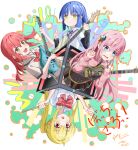  4girls absurdres blonde_hair blue_eyes blue_hair bocchi_the_rock! collared_shirt commentary_request copyright_name cube_hair_ornament dated drumsticks electric_guitar gotoh_hitori guitar hair_ornament hands_up highres holding holding_drumsticks ijichi_nijika instrument jacket kanshio kita_ikuyo long_hair long_sleeves looking_at_viewer mole mole_under_eye multiple_girls music one_side_up open_mouth pink_hair pink_jacket playing_instrument red_ribbon redhead ribbon shirt short_hair short_sleeves smile twintails white_shirt yamada_ryo yellow_eyes 