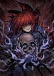  1girl 2b-ge animal_ears braid cat_ears cat_girl commentary fang highres holding holding_skull kaenbyou_rin long_hair long_sleeves looking_at_viewer one-hour_drawing_challenge red_eyes redhead side_braids skull smile solo touhou twin_braids 