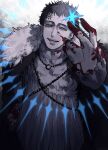  1boy black_clover black_hair blood blood_on_clothes blood_on_face blood_on_hands cape facial_mark forehead_mark fur-trimmed_cape fur_trim highres looking_up lucius_zogratis open_mouth robe runadon1146 short_hair smile solo 