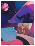  2boys ahoge blue_jacket box caddy_rain cape closed_mouth collared_shirt commentary highres hugging_own_legs in_box in_container jacket long_hair long_sleeves looking_at_viewer makoto_kagutsuchi male_focus master_detective_archives:_rain_code multiple_boys purple_hair purple_jacket shirt short_hair shorts smile violet_eyes white_shirt yuma_kokohead 