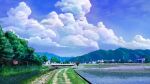  blue_sky bridge building chain-link_fence clouds commentary_request day fence highres house koyama_satsuki mountain mountainous_horizon no_humans original outdoors power_lines railing rice_paddy road rural scenery sign sky stream summer tree vanishing_point 