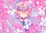  1girl blue_headwear blue_kimono cherry_blossoms closed_mouth collared_dress dress facing_viewer flower frilled_kimono frilled_shirt_collar frilled_sleeves frills hat itomugi-kun japanese_clothes kimono mob_cap neck_ribbon pink_flower pink_hair ribbon saigyouji_yuyuko short_hair smile solo touhou upper_body 