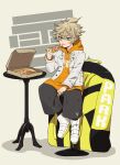  1boy backpack bag black_pants blonde_hair commentary_request desuhiko_thunderbolt eating food full_body gekiyasu_no_dendou green_eyes grey_background hair_between_eyes highres holding holding_food holding_pizza hood hood_down hoodie long_sleeves male_focus master_detective_archives:_rain_code orange_hoodie pants pizza pizza_box pizza_slice short_hair sitting smile solo star_(symbol) star_in_eye symbol_in_eye table white_footwear yellow_bag 