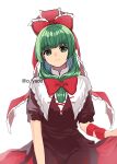  1girl arm_ribbon bow dress frilled_ribbon frills front_ponytail green_eyes green_hair hair_bow hair_ribbon highres kagiyama_hina red_dress ribbon solo touhou wrist_ribbon yadoyuki 