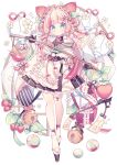  1girl ball bell blue_eyes bonnet flower food frills fruit hair_flower hair_ornament hyou_(pixiv3677917) japanese_clothes leaf lolita_fashion obi original pink_hair ribbon-trimmed_sleeves ribbon_trim sash strawberry white_background 