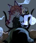  1girl :3 :d animal_ears black_dress braid cat_ears cat_girl dress extra_ears grey_background highres hitodama kaenbyou_rin lantern long_hair looking_at_viewer nekomata open_mouth red_eyes redhead side_braid side_braids simple_background sitting slit_pupils smile solo third-party_source touhou twin_braids 
