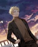  1boy atou_haruki black_jacket black_pants blonde_hair brown_sweater clouds cloudy_sky crying crying_with_eyes_open dusk hand_on_own_hip highres jacket lamppost male_focus pants red_eyes saibou_shinkyoku sakuraihum sky solo sweater tears teeth turtleneck turtleneck_sweater unhappy 