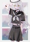  1girl arm_behind_head bandaid bandaid_on_arm bandaid_on_stomach black_choker black_halo black_serafuku choker hair_between_eyes halo highres long_hair looking_at_viewer nanamiya_ten neckerchief original school_uniform serafuku standing white_hair white_neckerchief yellow_eyes 