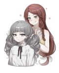  2girls abella_(fear_&amp;_hunger) blush fear_&amp;_hunger_2:_termina grey_eyes grey_hair highres lilio marina_(fear_&amp;_hunger) mole mole_under_mouth mouth_piercing multiple_girls playing_with_another&#039;s_hair redhead tongue tongue_out white_background 