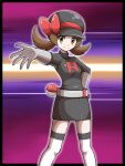  1girl absurdres alternate_costume arrow_(symbol) belt black_dress black_headwear brown_eyes brown_hair closed_mouth dialogue_box dress eyelashes gloves grey_gloves hat hat_ribbon highres logo long_hair looking_at_viewer lyra_(pokemon) poke_ball poke_ball_(basic) poke_ball_symbol pokemon pokemon_(game) pokemon_hgss red_ribbon ribbon shabana_may short_dress smile solo team_rocket team_rocket_uniform thigh-highs trainer_wants_to_battle twintails white_thighhighs 