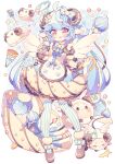  1girl blue_hair bow bowtie food goat goat_horns halo highres holding holding_food holding_ice_cream holding_ice_cream_cone holding_umbrella horns hyou_(pixiv3677917) ice_cream ice_cream_cone maid original red_eyes shoes short_hair thigh-highs umbrella wings 