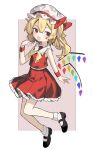  1girl absurdres black_footwear blonde_hair clynxen crystal fang flandre_scarlet full_body hair_between_eyes hat highres long_hair mob_cap one_side_up open_mouth red_eyes red_skirt red_vest shoes skin_fang skirt smile socks solo touhou vest white_headwear white_socks wings wrist_cuffs 