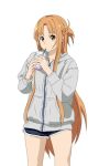  1girl asuna_(sao) black_shorts braid brown_eyes brown_hair bubble_tea commentary_request cup disposable_cup drinking drinking_straw french_braid grey_jacket highres holding holding_cup jacket long_hair long_sleeves mr_trace_mosha short_ponytail short_shorts shorts solo sword_art_online very_long_hair white_background zipper zipper_pull_tab 