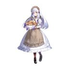  1girl absurdres alternate_costume amagasa_yun apron basket blush braid closed_mouth commentary_request cookie dress fire_emblem fire_emblem:_three_houses fire_emblem_heroes food frills full_body hair_ornament highres holding holding_basket long_hair long_skirt long_sleeves looking_at_viewer lysithea_von_ordelia lysithea_von_ordelia_(tea_party) maid maid_headdress official_art pantyhose puffy_sleeves red_eyes shoes simple_background skirt smile solo twin_braids white_background wrist_cuffs 