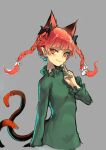  1girl absurdres animal_ears black_bow bow braid cat_ears cat_girl cat_tail closed_mouth commentary cropped_torso dress extra_ears green_dress grey_background hair_bow highres index_finger_raised iouley kaenbyou_rin long_hair long_sleeves multiple_tails nekomata pointy_ears red_eyes redhead side_braids simple_background smile solo tail touhou twin_braids two_tails 