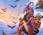  absurdres artist_name bird bird_on_hand black_sclera closed_mouth clouds cloudy_sky colored_sclera commentary_request dated fletchinder flock flying gradient_sky hand_on_own_hip highres horizon katkichi koraidon no_humans ocean open_mouth orange_eyes orange_sky outdoors pokemon pokemon_(creature) sky standing sun sunset v-shaped_eyebrows water watermark yellow_sclera 