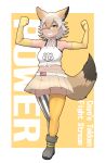  1girl animal_ears belt blonde_hair boots camisole coyote_(kemono_friends) elbow_gloves extra_ears gloves highres kemono_friends kemono_friends_v_project kneehighs looking_at_viewer one_eye_closed rest_in_muni short_hair simple_background skirt smile socks solo tail virtual_youtuber wolf_ears wolf_girl wolf_tail yellow_background 