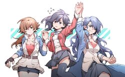  3girls absurdres ao_no_kiseki belt black_hair black_skirt blue_coat blue_hair breasts brown_eyes brown_hair coat commentary_request dog_tags eiyuu_densetsu fingerless_gloves genderswap genderswap_(mtf) gloves highres holding_hands jacket kuro_no_kiseki lloyd_bannings long_hair multiple_girls one_eye_closed ponytail popped_collar rean_schwarzer red_jacket red_shirt school_uniform sen_no_kiseki shirt short_hair short_shorts shorts side_ponytail skirt thigh-highs van_arkride wendy3807 zero_no_kiseki 