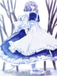  1girl apron bare_tree blue_skirt blue_vest day forest koyane_(silver81106) letty_whiterock long_sleeves medium_hair nature one-hour_drawing_challenge shirt skirt solo touhou tree triangular_headpiece vest waist_apron white_apron white_headwear white_shirt 