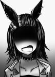  1girl absurdres animal_ears character_request collar greyscale highres horse_ears horse_girl monochrome nobu_(sfam7588) open_mouth piercing shaded_face short_hair solo spiked_collar spikes tagme umamusume umamusume:_cinderella_gray 