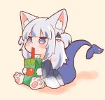  1girl animal_ear_fluff animal_ears animal_hands blue_eyes blue_hair blue_sweater blunt_bangs blush_stickers chibi commentary drink drinking_straw elun_(elun_00) english_commentary fins fish_tail from_side gawr_gura gloves hair_ornament holding holding_drink hololive hololive_english juice_box long_hair multicolored_hair paw_gloves paw_shoes shadow shark_girl shark_hair_ornament shark_tail sidelocks sitting solo sweater tail virtual_youtuber yellow_background 