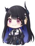  1girl black_hair black_horns black_wings blue_hair blush chibi collared_shirt colored_inner_hair demon_horns flower_knot grin hair_ornament highres hololive hololive_english horns long_hair looking_at_viewer low_wings moon_ldl multicolored_hair nerissa_ravencroft red_eyes shirt sidelocks simple_background smile solo straight_hair tassel tassel_hair_ornament uneven_horns very_long_hair virtual_youtuber white_background white_shirt wings 