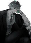  1boy alhaitham_(genshin_impact) alternate_costume collared_shirt couch crossed_legs genshin_impact green_eyes green_hair greyscale hair_between_eyes hair_over_one_eye jacket kanapy long_sleeves looking_at_viewer male_focus monochrome necktie pants parted_lips shirt sitting solo spot_color watch watch 
