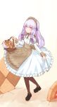  1girl absurdres apron basket black_footwear breasts brown_apron brown_pantyhose closed_mouth cookie dress fire_emblem fire_emblem:_three_houses food frills full_body headdress highres holding holding_basket long_hair long_sleeves looking_at_viewer lysithea_von_ordelia lysithea_von_ordelia_(tea_party) official_alternate_costume pantyhose pink_eyes puffy_sleeves sepia_(kilikasumi) shoes small_breasts smile solo white_dress white_hair 