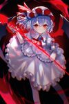  1girl artist_name bat_wings black_background blue_hair bow chromatic_aberration expressionless highres looking_at_viewer red_bow red_eyes red_headwear red_wings remilia_scarlet sakizaki_saki-p shirt short_hair skirt solo touhou white_shirt white_skirt wings 
