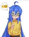  1girl absurdres blue_hair emoji glasses green_eyes highres izumi_konata jatsuve07 lucky_star meme messy_hair mole mole_under_eye simple_background standing sweater teeth white_background yellow_sweater 