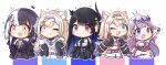  5girls :d ;d ;p absurdres animal_ear_fluff animal_ears bandaid_hair_ornament black_coat black_dress black_hair black_horns black_jacket black_wings blonde_hair blue_eyes blue_hair blue_hairband blush center-flap_bangs chest_jewel chibi coat collared_shirt colored_inner_hair cropped_jacket crossed_bangs crown demon_horns detached_sleeves detached_wings dog_ears dog_girl dog_tail double-parted_bangs dress everyone fake_horns fangs flower_knot fuwawa_abyssgard gem gradient_hair grey_hair grin hair_between_eyes hair_flaps hair_ornament hairband hairclip hand_up headpiece highres holoadvent hololive hololive_english horns jacket jewel_under_eye koseki_bijou long_hair long_sleeves looking_at_viewer low_wings mococo_abyssgard moon_ldl multicolored_hair multiple_girls nerissa_ravencroft one_eye_closed open_mouth pink_eyes pink_hair pink_hairband purple_gemstone purple_hair red_eyes shiori_novella shirt short_hair siblings sidelocks single_detached_sleeve sisters sleeveless sleeveless_dress smile split-color_hair straight_hair strapless strapless_dress streaked_hair tail tassel tassel_hair_ornament tongue tongue_out twins two_side_up uneven_horns very_long_hair violet_eyes virtual_youtuber white_dress white_shirt wings yellow_eyes 