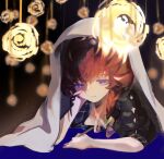 1girl blue_eyes braid chaosky cloak fate/grand_order fate_(series) head_rest holding holding_paintbrush light_particles long_hair looking_down orange_hair paintbrush painting_(action) side_braid sketch smile solo upper_body van_gogh_(fate) white_cloak 