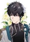  1boy black_hair blue_eyes closed_mouth dan_heng_(honkai:_star_rail) flower hair_between_eyes honkai_(series) jacket jewelry kanapy male_focus open_clothes open_jacket simple_background solo upper_body white_background white_flower yellow_flower zipper 