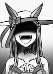  1girl absurdres animal_ears character_request greyscale hat highres horse_ears horse_girl long_hair monochrome nobu_(sfam7588) open_mouth shaded_face tagme umamusume 