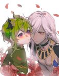 1boy 1girl black_choker blush capelet cheek-to-cheek choker collei_(genshin_impact) cyno_(genshin_impact) dark-skinned_male dark_skin flower genshin_impact green_capelet green_hair grey_hair heads_together highres long_hair looking_at_another matchhhh medium_hair red_flower red_rose rose shrug_(clothing) sketch violet_eyes white_background