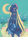  1girl aino_minako bishoujo_senshi_sailor_moon blonde_hair blue_eyes bow codename_wa_sailor_v crescent crescent_facial_mark crescent_moon earrings eye_mask facial_mark hair_bow heart heart_earrings highres jacket jewelry long_hair looking_to_the_side mask moon one_eye_closed open_clothes open_jacket red_bow sailor_v sailor_venus shiroiroom shoulder_tattoo tattoo tongue tongue_out very_long_hair 