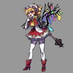  1girl alternate_costume alternate_hairstyle ascot blonde_hair boots crystal drill_hair flandre_scarlet frilled_skirt frilled_sleeves frills full_body high_heel_boots high_heels highres holding holding_weapon kaibootsu looking_at_viewer miniskirt red_eyes red_footwear red_skirt skirt slit_pupils solo thigh-highs touhou weapon white_thighhighs wings yellow_ascot 