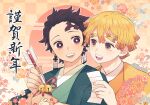  2boys agatsuma_zenitsu bell blonde_hair earrings green_kimono highres japanese_clothes jewelry kamado_tanjirou kimetsu_no_yaiba kimono male_focus multiple_boys open_mouth red_eyes redhead scar scar_on_face scar_on_forehead shimya short_hair teeth yellow_eyes yellow_kimono 